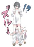  1boy 1girl bangs black_hair brown_footwear couple darling_in_the_franxx eyebrows_visible_through_hair fringe hetero hiro_(darling_in_the_franxx) long_hair nightgown pajamas pink_hair sakuragouti shoes short_hair translation_request white_pajamas zero_two_(darling_in_the_franxx) 