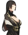  112san 1girl bangs black_hair black_kimono blunt_bangs breasts cleavage eyes_closed final_fantasy final_fantasy_xv gentiana highres hime_cut japanese_clothes kimono large_breasts long_hair obi sash simple_background solo upper_body white_background 