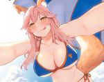  :q animal_ear_fluff animal_ears bikini blue_bikini blush breasts cleavage cloud collarbone day fate/grand_order fate_(series) fox_ears from_below highres large_breasts long_hair looking_at_viewer menea naughty_face parasol pink_hair reaching side-tie_bikini sky smile solo swimsuit tamamo_(fate)_(all) tamamo_no_mae_(swimsuit_lancer)_(fate) tongue tongue_out umbrella yellow_eyes 