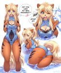  2018 anthro anthrofied arcanine blonde_hair blue_eyes breasts butt canine cleavage clothed clothing cute dialogue digital_media_(artwork) english_text female hair hi_res iwbitu kharma_colburn long_hair looking_at_viewer mammal nintendo one-piece_swimsuit one_eye_closed open_mouth pok&eacute;mon pok&eacute;mon_(species) pok&eacute;morph solo swimsuit text video_games water 