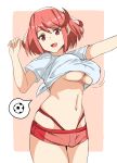  2018_fifa_world_cup :d arm_up ball bangs bouncing_breasts breasts cleavage commentary covered_nipples cowboy_shot half-closed_eyes highres homura_(xenoblade_2) j@ck large_breasts navel open_mouth red_eyes red_hair shirt short_hair short_shorts shorts skindentation smile soccer soccer_ball swept_bangs thought_bubble tied_shirt underboob white_shirt world_cup xenoblade_(series) xenoblade_2 