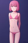 arms_behind_back artist_name bikini commentary cowboy_shot english_commentary flat_chest looking_at_viewer navel original petite pink_bikini pink_eyes pink_hair purple_background short_hair simple_background solo swimsuit zoryc 