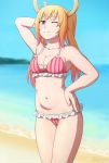 ;) artist_name beach bikini blonde_hair blurry blurry_background breasts cleavage collarbone commentary day english_commentary frilled_bikini frills hand_behind_head hand_on_hip horns kobayashi-san_chi_no_maidragon long_hair looking_at_viewer medium_breasts navel one_eye_closed orange_eyes outdoors pink_bikini slit_pupils smile solo stomach striped swimsuit tooru_(maidragon) twintails vertical-striped_bikini vertical_stripes zoryc 