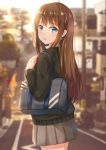  :o absurdres bag bangs black_sweater blurry blurry_background blush brown_hair cowboy_shot day depth_of_field earrings eyebrows_visible_through_hair from_behind green_eyes grey_skirt hand_up hedge_(plant) highres house idolmaster idolmaster_cinderella_girls jewelry koi0806 long_hair long_sleeves looking_at_viewer looking_back outdoors pleated_skirt road road_sign school_bag school_uniform shibuya_rin shiny shiny_hair shoulder_bag sidelocks sign skirt sky solo standing straight_hair sunlight sweater telephone_pole tree 