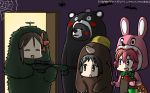  amagi_(kantai_collection) animalization bear black_eyes black_hair brown_hair bunny_hair_ornament bush call_of_duty call_of_duty_4 camouflage captain_macmillan captain_macmillan_(cosplay) closed_eyes commentary_request cosplay crescent crescent_hair_ornament disguise flower ghillie_suit gun hair_between_eyes hair_flower hair_ornament halloween hamu_koutarou highres kantai_collection kumamon kumamon_(cosplay) kumano_(kantai_collection) light_smile looking_at_viewer maru-yu_(kantai_collection) mole mole_(animal) mole_under_eye multiple_girls open_door pink_eyes pink_hair ponytail rifle robbie_the_rabbit robbie_the_rabbit_(cosplay) silent_hill_3 smile sniper_rifle uzuki_(kantai_collection) weapon 