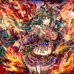  arm_up armor bangs belt belt_buckle bikini_armor black_legwear blue_eyes blurry blurry_background breasts brown_belt buckle closed_mouth company_name cowboy_shot dragon_girl dragon_horns dragon_wings elbow_gloves eyebrows_visible_through_hair fire floating_hair forehead_jewel garter_straps gem gloves greatsword green_hair groin hair_between_eyes head_chain holding holding_weapon horns jewelry kaizoku_ookoku_koronbusu lace lace-trimmed_skirt large_breasts legs_together long_hair looking_at_viewer madogawa miniskirt navel necklace official_art open_mouth outstretched_arm pleated_skirt pointy_ears purple_skirt pyrokinesis red_gloves scale_armor sidelocks single_garter_strap single_glove skirt solo standing stomach thighhighs vambraces very_long_hair weapon wind wings 