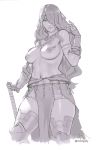 axe breasts camilla_(fire_emblem_if) commentary cosplay costume_switch cropped_legs english_commentary fire_emblem fire_emblem:_rekka_no_ken fire_emblem_heroes fire_emblem_if gauntlets hair_over_one_eye hawkeye_(fire_emblem) hawkeye_(fire_emblem)_(cosplay) jewelry long_hair monochrome navel necklace nipples ochrejelly pelvic_curtain simple_background single_gauntlet solo stomach thighhighs topless very_long_hair 