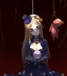  abigail_williams_(fate/grand_order) absurdres black_dress blonde_hair blood bloody_tears blue_eyes bow breasts character_doll cleavage commentary cross cross_necklace dress fate/grand_order fate_(series) hanged hat highres jewelry kaer_sasi_dianxia lavinia_whateley_(fate/grand_order) long_hair looking_back necklace noose orange_bow pixiv_fate/grand_order_contest_2 rope rope_around_neck signature small_breasts stuffed_animal stuffed_toy suicide teddy_bear 
