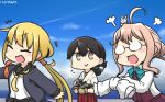  2017 3girls =3 aircraft airplane angry animal animal_on_head black_hair black_skirt blonde_hair blue_jacket brown_eyes bunny bunny_on_head closed_eyes commentary crescent crescent_moon_pin dated day double_bun folded_ponytail glasses hair_bun hakama hamu_koutarou highres jacket japanese_clothes kantai_collection kasuga_maru_(kantai_collection) long_hair long_sleeves low_twintails makigumo_(kantai_collection) multiple_girls necktie on_head opaque_glasses outdoors pink_hair red_hakama remodel_(kantai_collection) satsuki_(kantai_collection) school_uniform serafuku shirt short_sleeves skirt sky sleeves_past_fingers sleeves_past_wrists tied_sleeves twintails upper_body white_shirt yellow_neckwear 