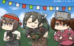  black_hair blue_sky brown_hair commentary dancing dated day empty_eyes gloves hachimaki hair_between_eyes hakama_skirt hamu_koutarou headband highres japanese_clothes jitome kantai_collection kariginu magatama multiple_girls muneate partly_fingerless_gloves remodel_(kantai_collection) ryuujou_(kantai_collection) shaded_face short_hair sky sparkle string_of_flags taihou_(kantai_collection) tasuki twintails uwu visor_cap yugake zui_zui_dance zuikaku_(kantai_collection) 