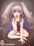  artist_name artist_signature barefoot blue_eyes bunny_ears erina_(rabi-ribi) feet female legs looking_at_viewer open_mouth purple_hair rabi-ribi saliva saliva_strand sitting soles solo swimsuit toes tongue tongue_out watermark yeougui 
