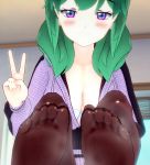  3d feet green_hair looking_at_view no_shoes opened_zipper pantyhose shiny_pantyhose smell toes 