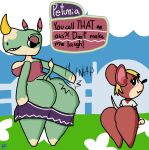  2018 aliasing angry animal_crossing anthro bare_shoulder big_breasts big_butt biped black_eyes black_nose blonde_hair bottomless breasts butt butt_focus butt_slap carmen_(animal_crossing)_(mouse) clothed clothing comparing comparing_butts dialogue digital_drawing_(artwork) digital_media_(artwork) duo english_text eyeshadow featureless_feet featureless_hands female frown full-length_portrait gloves_(marking) green_body green_tail hair half-closed_eyes holding_clothing horn huge_butt klutzatdusk looking_at_another looking_back makeup mammal markings mouse muzzle_(marking) nintendo partially_clothed petunia_(animal_crossing) pink_tail portrait purple_clothing rat_tail rear_view red_body red_clothing rhinoceros rodent shirt short_hair shortstack side_boob size_difference skirt skirt_down slap smile smirk smug snout socks_(marking) sound_effects speech_bubble standing tail_tuft tan_body text thick_thighs tuft two_tone_body two_tone_tail video_games white_body white_clothing white_tail yellow_horn 