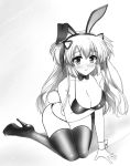  animal_ears arm_under_breasts blush bow breast_hold breasts bunny_ears bunny_girl bunny_tail bunnysuit cleavage greyscale hair_ribbon high_heels highres kneeling large_breasts liseanon liz_hohenstein long_hair monochrome muvluv muvluv_alternative platform_footwear platform_heels playboy_bunny_swimsuit ribbon schwarzesmarken shiny shiny_clothes simple_background smile swimsuit tail thighhighs two_side_up wrist_cuffs 