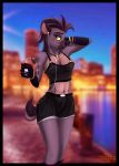  2018 aged_up anthro anthrofied belt big_breasts black_border border bracelet breasts buckle camisole cellphone city cleavage clothed clothing cute disney fangs female fur headphones hyena inviting jasiri_(tlg) jewelry looking_at_viewer mammal midriff multicolored_fur navel necklace phone pier quarko-muon river riverside seaside seductive shorts sky sleeve_gloves solo sony sony_xperia sony_xperia_z sunset the_lion_guard the_lion_king yellow_sclera 