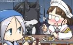  3girls :d armband bangs black_hair blunt_bangs blush braid brown_hair capelet chikuwa choko_(cup) chopsticks commentary cup daikon dated drunk flying_sweatdrops food glasses hamu_koutarou head_scarf headdress highres horns kantai_collection konnyaku_(food) light_cruiser_hime long_hair mask multiple_girls nose_blush oden open_mouth pale_skin pince-nez roma_(kantai_collection) sailor_collar shinkaisei-kan silver_hair sleeveless smile sweatdrop umikaze_(kantai_collection) 