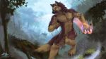  anthro canine fire forest fur looking_at_viewer male mammal muscular muscular_male nude outside solo tree zephyxus 