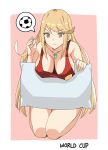  2018_fifa_world_cup ball bangs bare_shoulders blonde_hair breasts cleavage collarbone commentary half-closed_eyes highres hikari_(xenoblade_2) j@ck kneeling large_breasts long_hair pillow soccer soccer_ball swept_bangs tank_top thought_bubble very_long_hair world_cup xenoblade_(series) xenoblade_2 