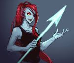  blue_skin clothing eye_patch eyewear female fish hair long_hair marine melee_weapon polearm ponytail red_hair sharp_teeth shirt solo spear tank_top teeth undertale undyne video_games weapon whan yellow_eyes 