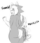  anthro big_butt butt canine desi dog english_text girly looking_back male mammal monochrome spanking surprise text thecon 