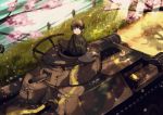  axis_powers_hetalia black_eyes black_hair cherry_blossoms commentary_request grass ground_vehicle japan_(hetalia) military military_vehicle motor_vehicle river smile solo tank toyosu_toyosu tree type_97_chi-ha 