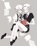  androgynous book cairngorm_(houseki_no_kuni) colored_eyelashes gem_uniform_(houseki_no_kuni) ghost_quartz_(houseki_no_kuni) grey_background hair_over_one_eye houseki_no_kuni multiple_others nao_(necomugi) necktie paper reading short_hair smile spoilers suspenders thick_eyebrows time_paradox white_eyes white_hair 