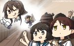  &gt;_o :q ashigara_(kantai_collection) brown_eyes brown_hair commentary dated food hamu_koutarou highres jitome kantai_collection light_brown_eyes long_hair miyuki_(kantai_collection) multiple_girls one_eye_closed remodel_(kantai_collection) sailor_collar sandwich school_uniform serafuku shikinami_(kantai_collection) tongue tongue_out v-shaped_eyebrows waving 