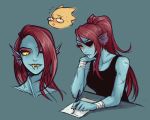  blue_skin clothing eye_patch eyewear female fish hair long_hair marine portrait red_hair scar shirt tank_top undertale undyne video_games whan writing_(disambiguation) yellow_eyes 