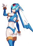 :d android aqua_eyes ass blue_eyes blue_legwear blue_panties bodysuit breasts commentary gloves helmet highres leviathan_(rockman) looking_at_viewer medium_breasts open_mouth panties rockman rockman_zero simple_background smile solo thighhighs turtleneck ukimukai underwear white_background white_bodysuit 