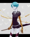  androgynous aqua_eyes aqua_hair bug butterfly colored_eyelashes gem_uniform_(houseki_no_kuni) gold golden_arms green_eyes green_hair houseki_no_kuni insect letterboxed looking_at_viewer nao_(necomugi) necktie phosphophyllite short_hair solo spoilers sword weapon 