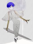  androgynous bangs blue_eyes blue_hair blunt_bangs breaking colored_eyelashes full_moon golden_arms heterochromia houseki_no_kuni moon nao_(necomugi) necktie phosphophyllite phosphophyllite_(ll) see-through shards short_hair solo spoilers sword weapon white_eyes 