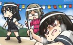  :o black_eyes black_hair brown_eyes brown_hair commentary dated glasses gloves hamu_koutarou hatsuyuki_(kantai_collection) headband highres kantai_collection katori_(kantai_collection) long_hair multiple_girls on_ground oyashio_(kantai_collection) relay_baton relay_race school_uniform string_of_flags sweat track_suit v-shaped_eyebrows 