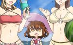  3girls adapted_costume bikini breast_envy breasts brown_eyes brown_hair collarbone commentary cup day drink drinking_glass empty_eyes fang hair_between_eyes hamu_koutarou hat highres ikazuchi_(kantai_collection) kantai_collection large_breasts littorio_(kantai_collection) long_hair multiple_girls ooi_(kantai_collection) open_mouth pink_hat short_hair swimsuit 