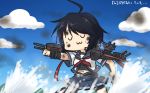  :3 ahoge black_hair blue_sky cannon cloud commentary_request day hamu_koutarou highres kako_(kantai_collection) kantai_collection long_hair midriff pleated_skirt ponytail school_uniform serafuku skirt sky solo sweatdrop teruyof waves 