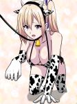  all_fours animal_print bangs bell bell_collar blonde_hair breasts brown_eyes collar collarbone commentary_request cow_print crawling elbow_gloves full_body garam_masala_(7355873) gloves hair_between_eyes hairband kawakami_mai large_breasts leash long_hair looking_away mole mole_under_eye musaigen_no_phantom_world o-ring o-ring_top panties shadow side-tie_panties side_ponytail sidelocks simple_background solo thighhighs underwear 