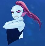  anthro blue_background clothing fish hair looking_at_viewer marine one_eye_closed ponytail red_hair scar sharp_teeth shirt simple_background tank_top teeth undertale undyne video_games whan yellow_eyes 