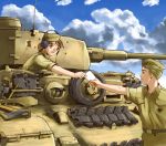  1girl blonde_hair blue_eyes brown_hair caterpillar_tracks cloud commentary_request day graphite_(medium) ground_vehicle headphones military military_uniform military_vehicle mizuyoukan_(norad) motor_vehicle original panzerkampfwagen_iv short_hair sky smile tank traditional_media uniform weapon 