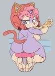  anthro armor barstool big_breasts big_butt blue_eyes breasts butt cat eating feline female food grey_background helmet looking_at_viewer looking_back mammal nude pizza pizzacat polly_esther samurai_pizza_cats simple_background sitting solo 