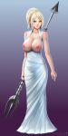  blonde_hair blue_eyes breasts breasts_outside dress final_fantasy final_fantasy_xv highres jewelry large_breasts long_hair looking_at_viewer lunafreya_nox_fleuret necklace nipples polearm revealing_clothes silent-fly solo trident weapon 