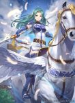  armor bangs belt blue_eyes boots breastplate circlet closed_mouth cloud cloudy_sky commentary_request company_name copyright_name day dress elbow_gloves feathered_wings feathers fiora fire_emblem fire_emblem:_rekka_no_ken fire_emblem_cipher gloves green_hair hmk84 holding holding_weapon long_hair looking_at_viewer official_art outdoors pegasus pegasus_knight polearm shiny short_dress shoulder_armor shoulder_pads sky smile solo spear thigh_boots thighhighs weapon wings zettai_ryouiki 