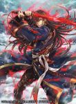  belt blue_coat boots brown_hair coat copyright_name energy evil_grin evil_smile fire_emblem fire_emblem:_rekka_no_ken fire_emblem_cipher glowing glowing_eye grin hagiya_kaoru holding holding_sword holding_weapon karel katana long_coat long_hair male_focus official_art sheath smile snow snowing solo sword tassel very_long_hair weapon yellow_eyes 