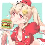  :q alternate_costume alternate_hairstyle apron blonde_hair blush breasts commentary_request eyebrows_visible_through_hair food hair_ornament hair_ribbon hairclip hamburger hat heart kantai_collection large_breasts long_hair looking_at_viewer mero_oon mini_flag name_tag poi ponytail red_eyes remodel_(kantai_collection) ribbon solo tongue tongue_out tray waitress yuudachi_(kantai_collection) 