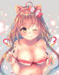  ;q ahoge animal_ears aqua_nails areola_slip areolae bangs bare_shoulders blush bow bra bra_pull breasts brown_eyes brown_hair cat_ears collarbone commentary english_commentary eyebrows_visible_through_hair hair_bow hairband heart lace lace-trimmed_bra large_breasts long_hair looking_at_viewer nail_polish navel nemuri_nemu one_eye_closed original polka_dot polka_dot_bow polka_dot_hairband red_bow red_hairband signature solo tongue tongue_out twintails underwear upper_body wings 