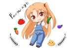  ahoge ame. azur_lane bangs bird blush_stickers carrot chibi chick cleveland_(azur_lane) closed_mouth commentary corn denim english eyebrows_visible_through_hair farmer farming flat_chest food full_body hand_up holding holding_food long_hair looking_at_viewer no_nose one_side_up orange_hair overalls raised_eyebrows red_eyes shirt shoes short_sleeves simple_background smile solid_circle_eyes solid_oval_eyes solo t-shirt tomato tsurime very_long_hair white_background white_shirt 