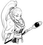  belt commentary_request dragon_ball dragon_ball_super dress eyelashes greyscale holding holding_staff long_hair looking_at_viewer monochrome murata_yuusuke ponytail puffy_sleeves simple_background smile solo staff upper_body vados_(dragon_ball) very_long_hair white_background 