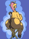  anthro anus big_breasts blue_background breasts clitoris female girafarig hair huge_breasts ika_(ikakins) ikakins nintendo pattern_background pink_areola pink_hair pink_nose pok&eacute;mon pok&eacute;mon_(species) pussy rear_view simple_background sitting solo video_games 