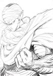  cape clenched_hand commentary dragon_ball dragon_ball_z fighting_stance frown greyscale highres looking_at_viewer male_focus monochrome murata_yuusuke piccolo pointy_ears serious simple_background solo turban upper_body veins white_background 