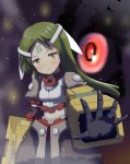  android arm_at_side arma_(recettear) armor black_gloves blurry blurry_background facial_mark forehead_mark gloves glowing glowing_eye green_hair hair_ribbon highres kurakuru light_smile long_hair looking_at_viewer midriff_peek navel outstretched_hand recettear red_eyes ribbon solo standing white_ribbon 