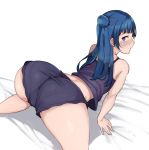  all_fours alp ass bangs bare_shoulders black_shirt black_shorts blue_hair blunt_bangs blush closed_mouth commentary from_behind long_hair looking_at_viewer looking_back love_live! love_live!_sunshine!! pantylines purple_eyes shiny shiny_hair shiny_skin shirt short_shorts shorts side_bun simple_background sleepwear solo tank_top trefoil tsushima_yoshiko white_background 