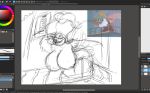  4chan anthro avian balcony beak big_breasts bird breasts chicken chochi clara_cluck disney feathers female hanging_breasts ink photoshop reference_shot sketch slightly_chubby solo stage_light winged_arms wings 